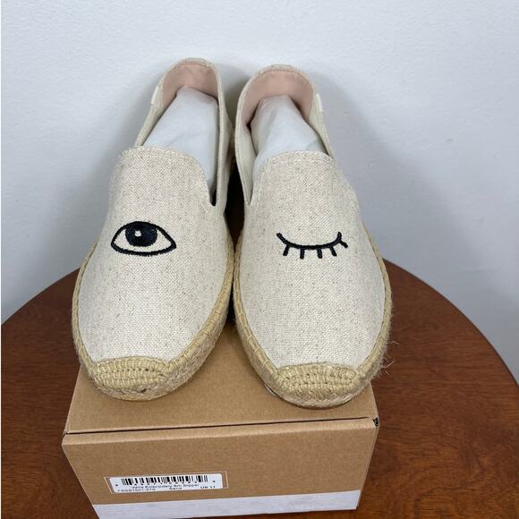 New Soludos Wink Embroidery Smoking Slipper in Sand Canvas Women's Size 11 - Picture 1 of 6